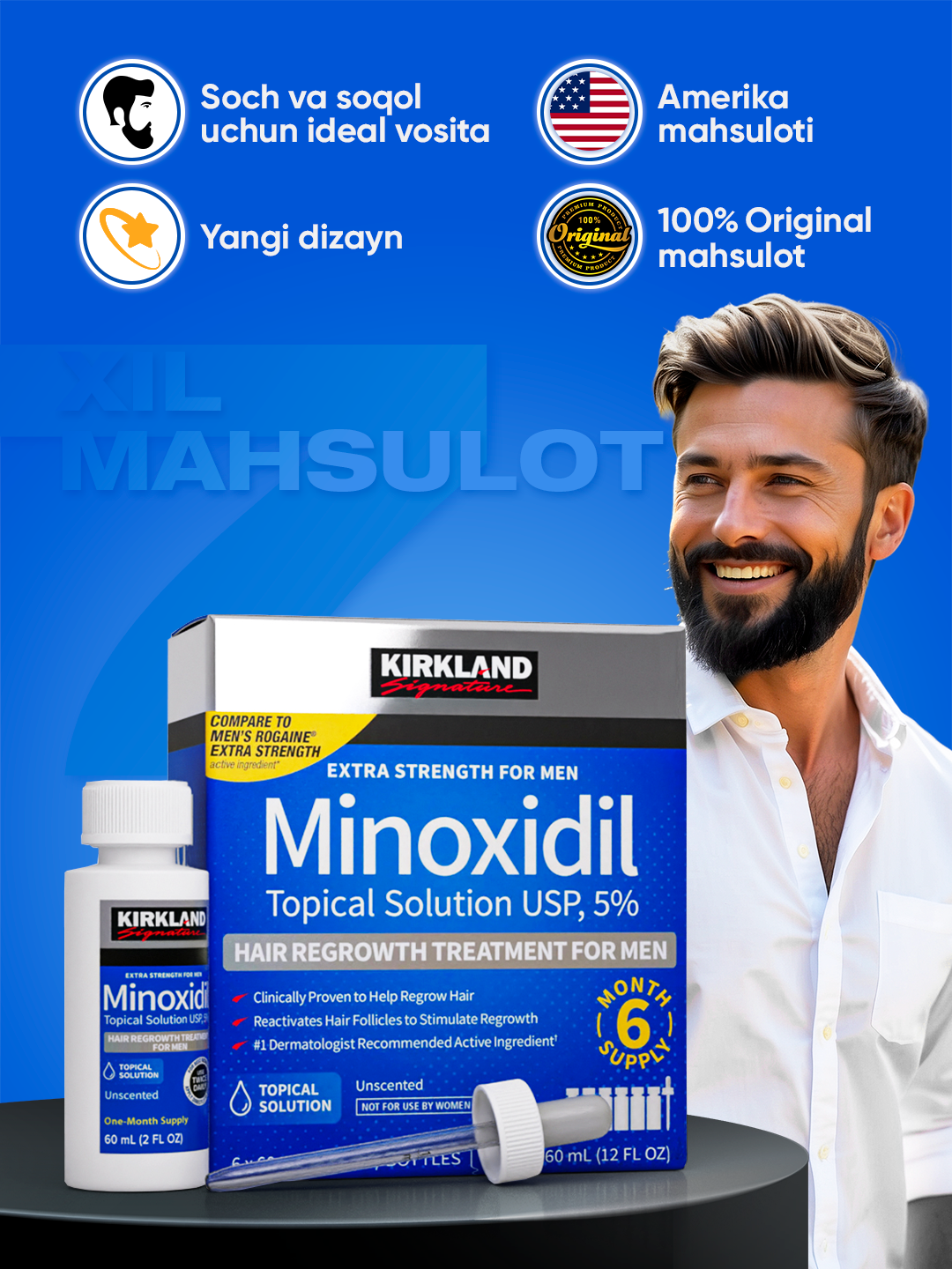 Миноксидил Киркланд 5% для роста волос и бороды, Minoxidil Kirkland 5%