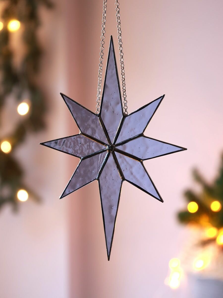 Витражная подвеска "Вифлеемская звезда" из прозрачного художественного стекла с серебристыми гранями h21см