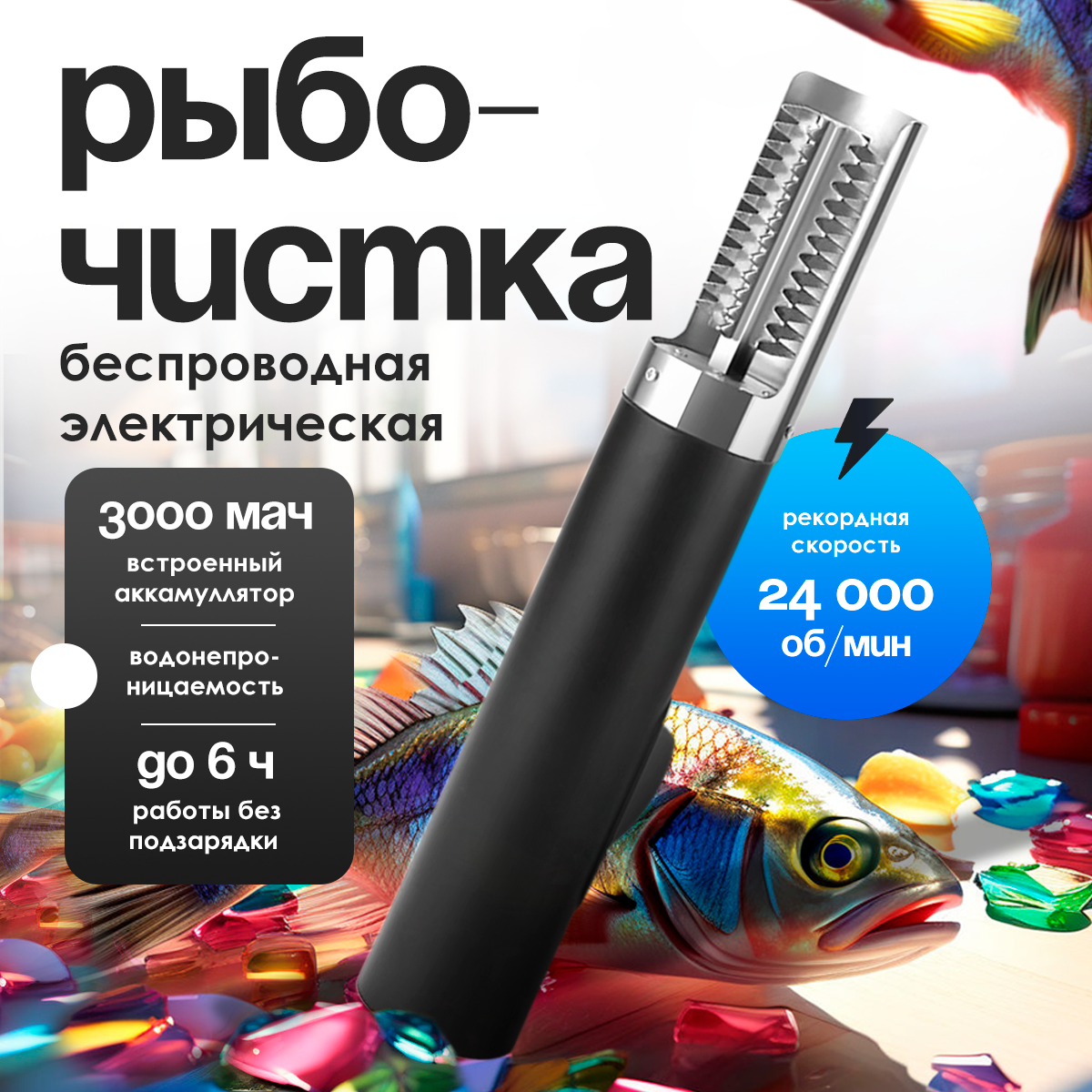 Рыбочистка Pescada, нержавеющая сталь, беспроводная, 20000 об./мин, черный цвет