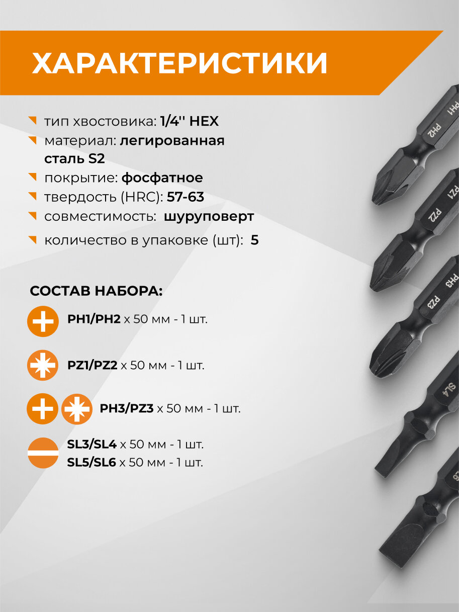 Набор бит двухсторонних 5 шт S2 PH1 x PH2 PZ1 x PZ2 PH3 x PZ3 Sl3 x Sl4 Sl5 x Sl6 50 мм RAGE by VIRA — фото 1