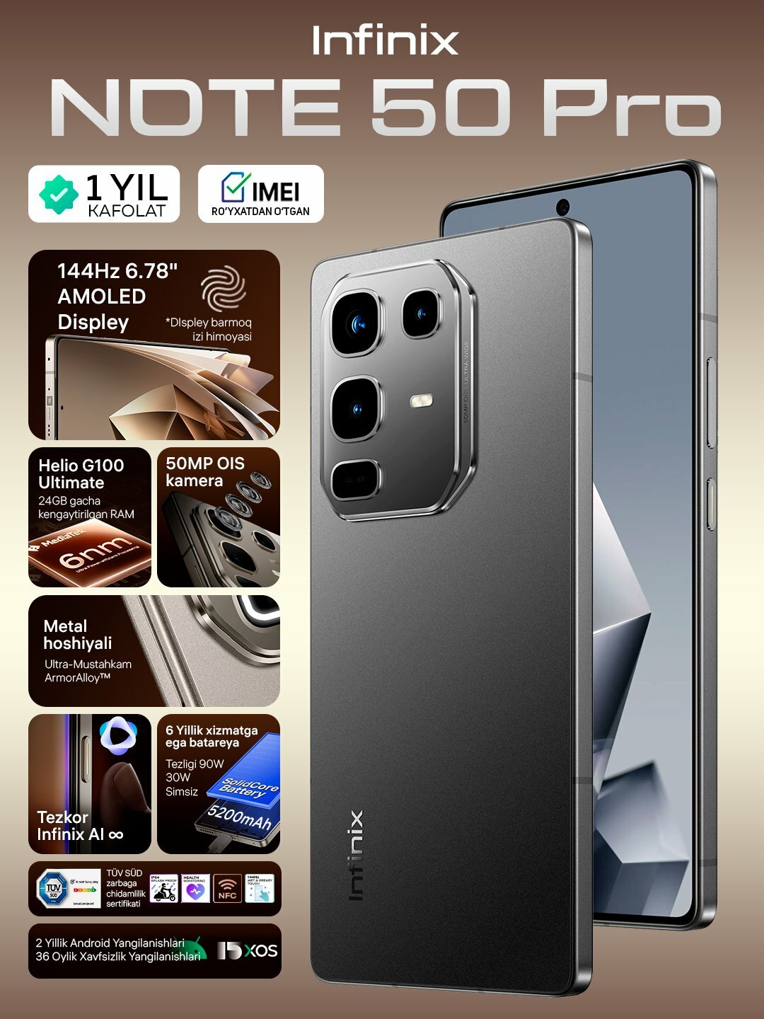 Смартфон Infinix Note 50 Pro, NFC, AMOLED, 144Hz, 12GB/256GB Черный