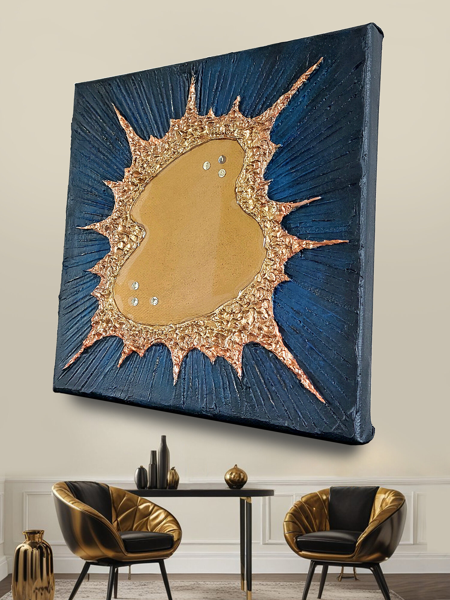 Картина абстрактная с текстурой 20х20см ручная работа объемный золотой декор на стену для интерьера акрил на холсте