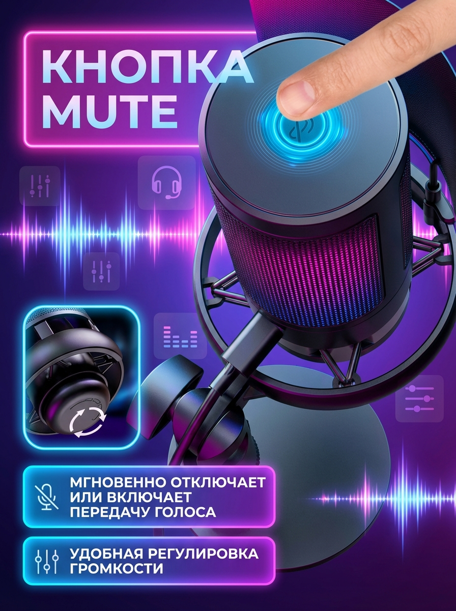 Конденсаторный USB микрофон, игровой RGB микрофон для компьютера и стрима, шумоподавление, подключение наушников — фото 1