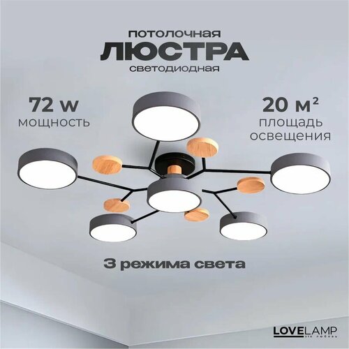 Люстра потолочная светодиодная / Светильник скандинавский потолочный серый 6 ламп