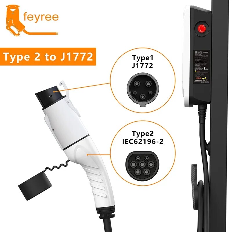 Адаптер зарядного устройства feyree Тип 2 к тип 1 IEC 62196-2 к J1772 EV, однофазный адаптер для зарядки электромобиля 16 А 32 А — фото 1