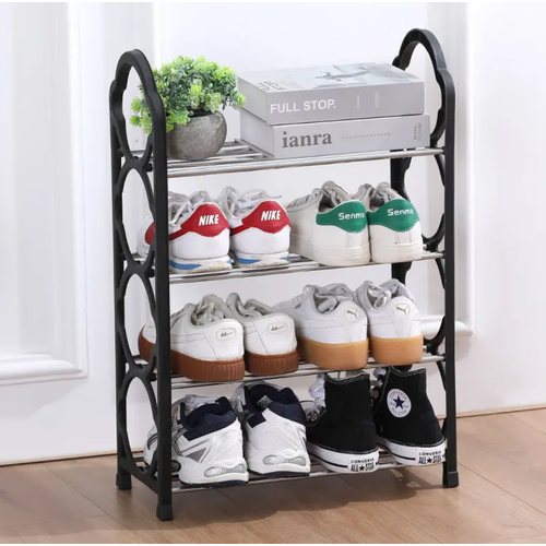 Полка для обуви 4х ярусная открытая обувница для 8 пар обуви черные боковины серебристая середина 850₽
