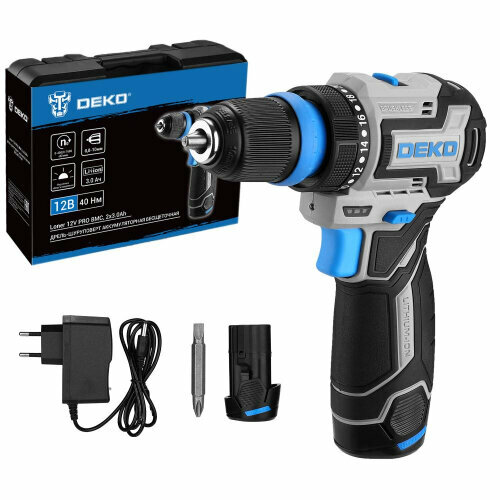 Дрель-шуруповерт аккумуляторная Deko Loner 12V PRO в кейсе съёмный патрон 12В 2x30Ач 085-1122 14954₽