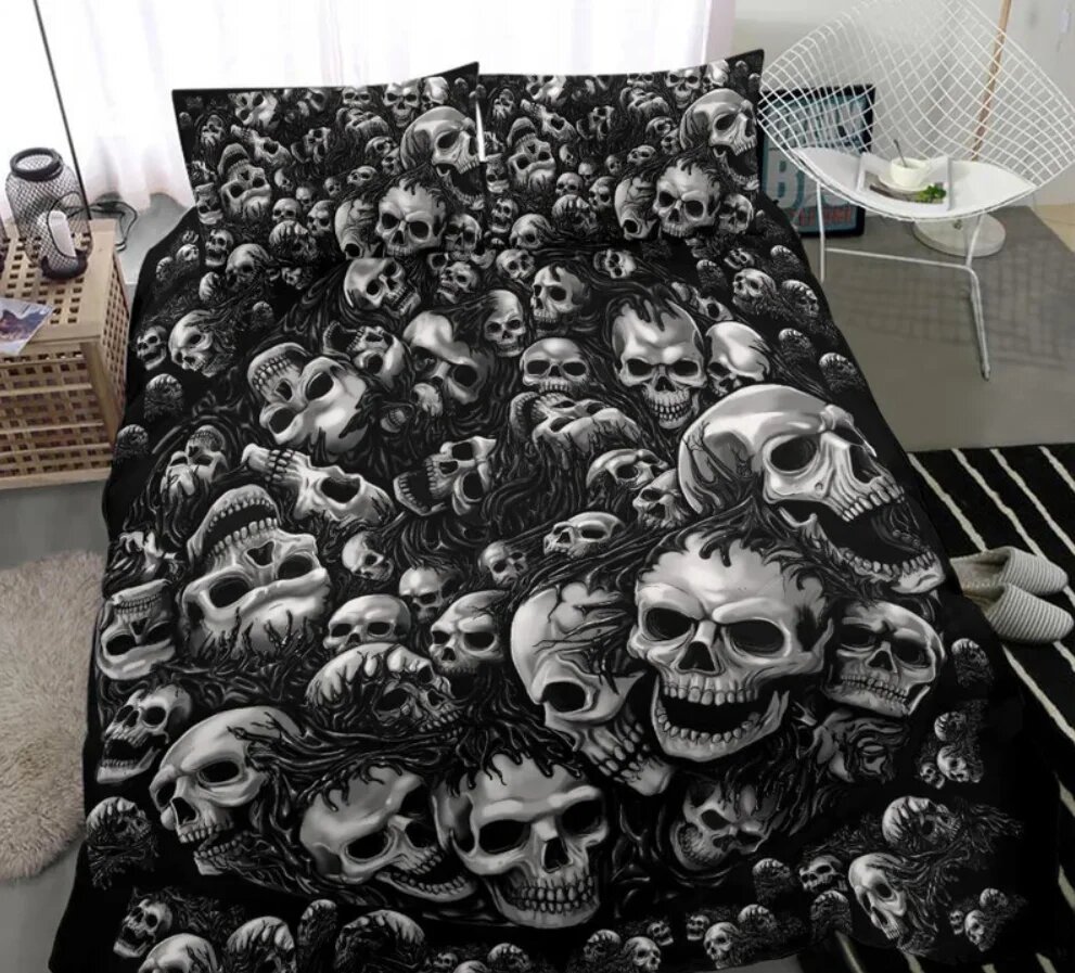 Комплект постельного белья с черепом 3 предмета, cot size 70x133cm, Черный