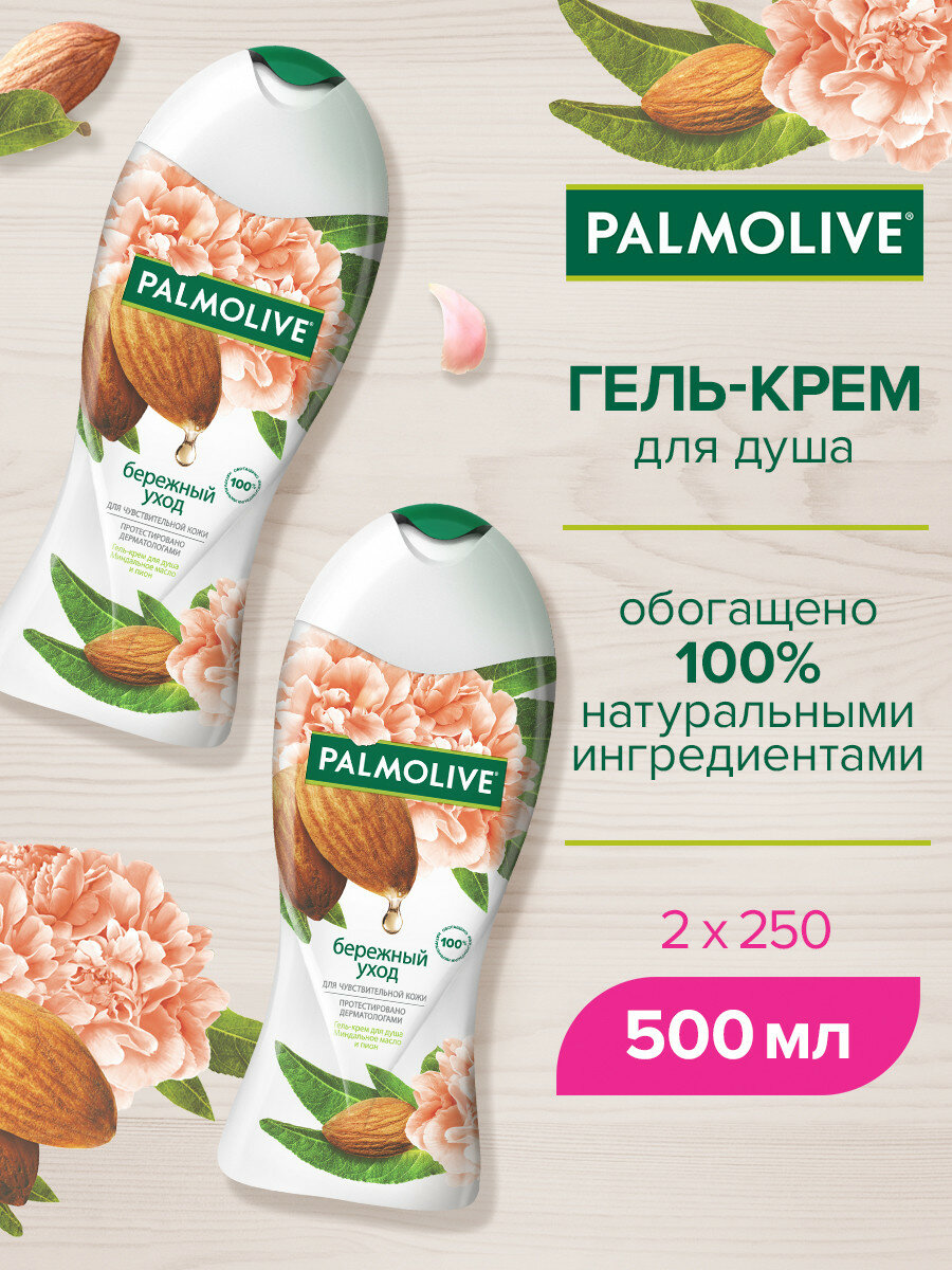 Гель - крем для душа женский Palmolive Бережный Уход с миндальным маслом и пионом для чувствительной кожи 250 мл (2 шт)
