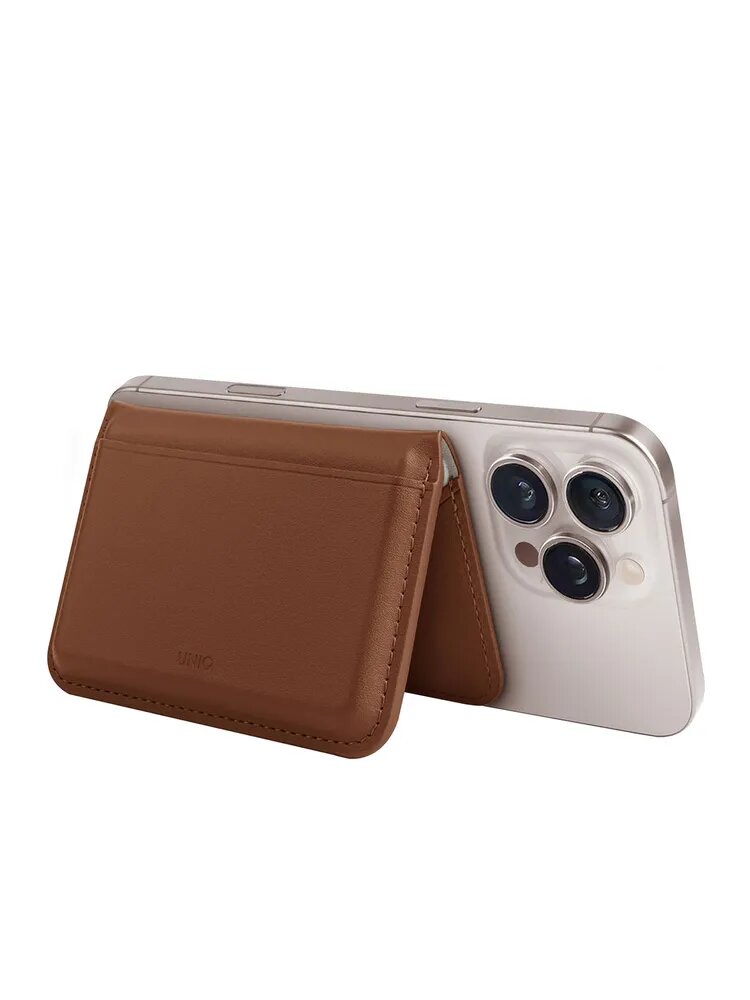 Uniq магнитный бумажник LYDEN DS RFID-BLOCKING WALLET MagSafe с держателем и подставкой CARAMEL/IVORY — фото 1