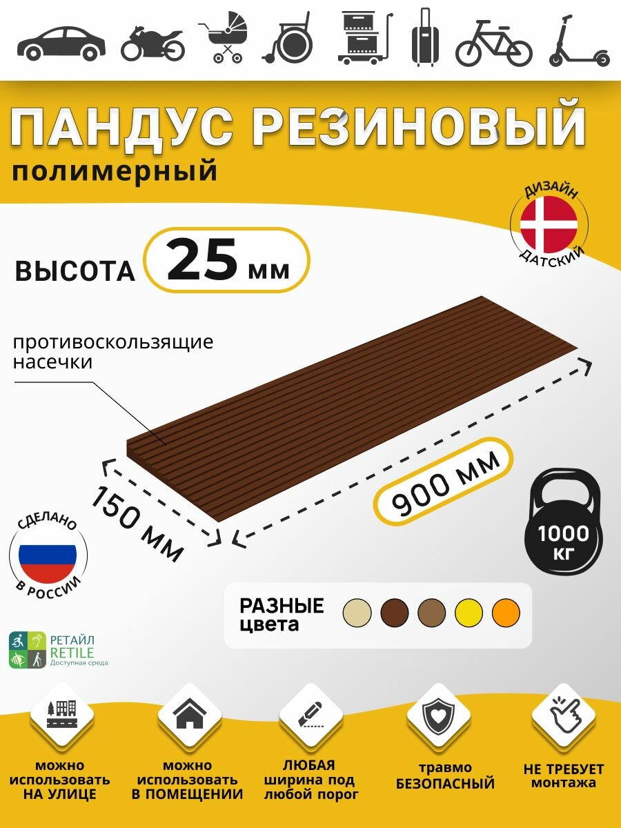 Пандус полимерный рубеж для порогов высотой 2,5 см (25х900х150 мм), темно-коричневый, для колясок, склада и автомобилей
