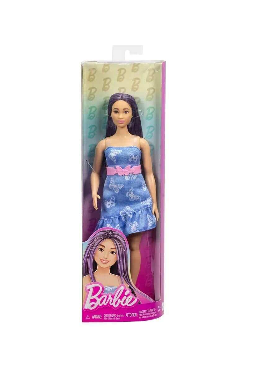 Кукла Barbie Fashionistas - Кукла модница с темно-фиолетовыми волосами, в джинсовом платье №231 - Барби HYT89