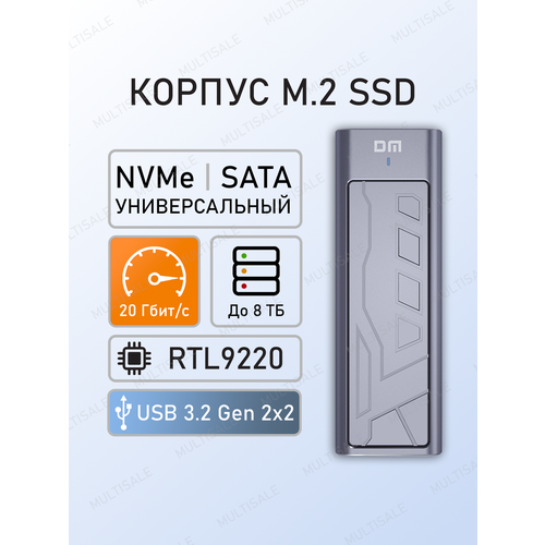 Быстрый универсальный внешний корпус DM Life HD2000 для дисков M.2 NVMe и SATA, USB Type-C 3.2 Gen 2x2 20 Гбит/с