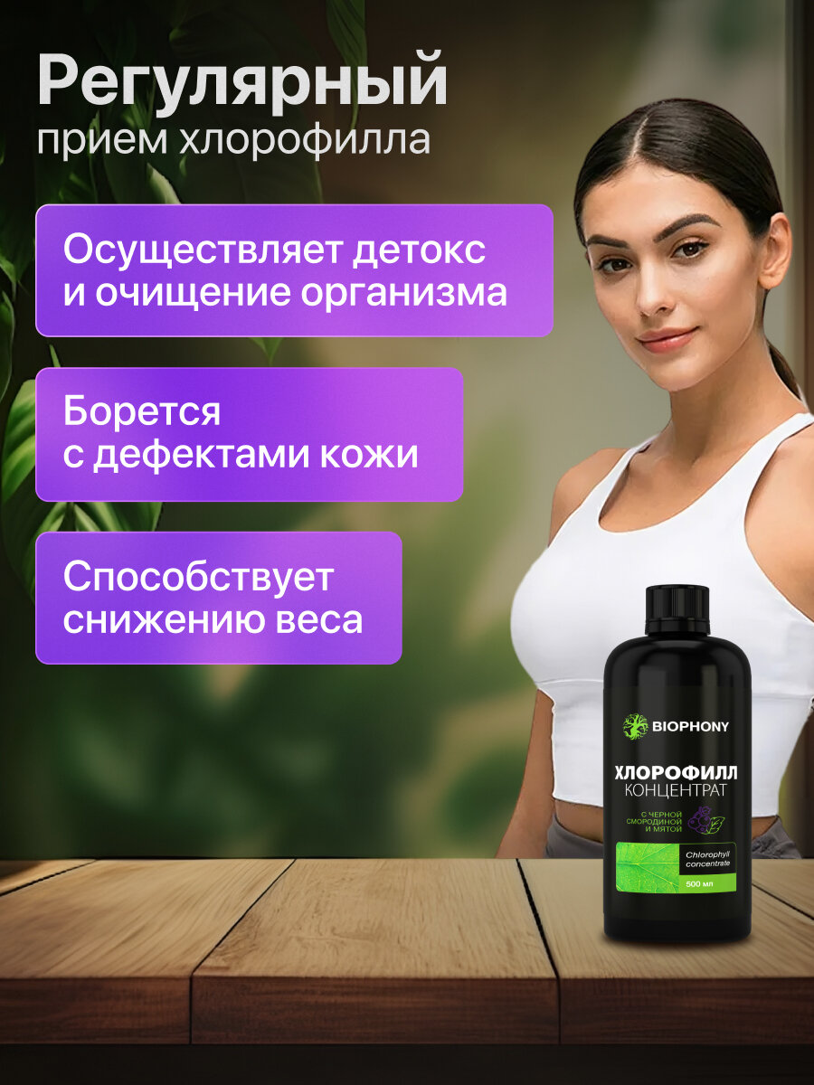 Хлорофилл жидкий пищевой БИО питьевой концентрат 500 мл со вкусом Черной смородины-мяты — фото 1