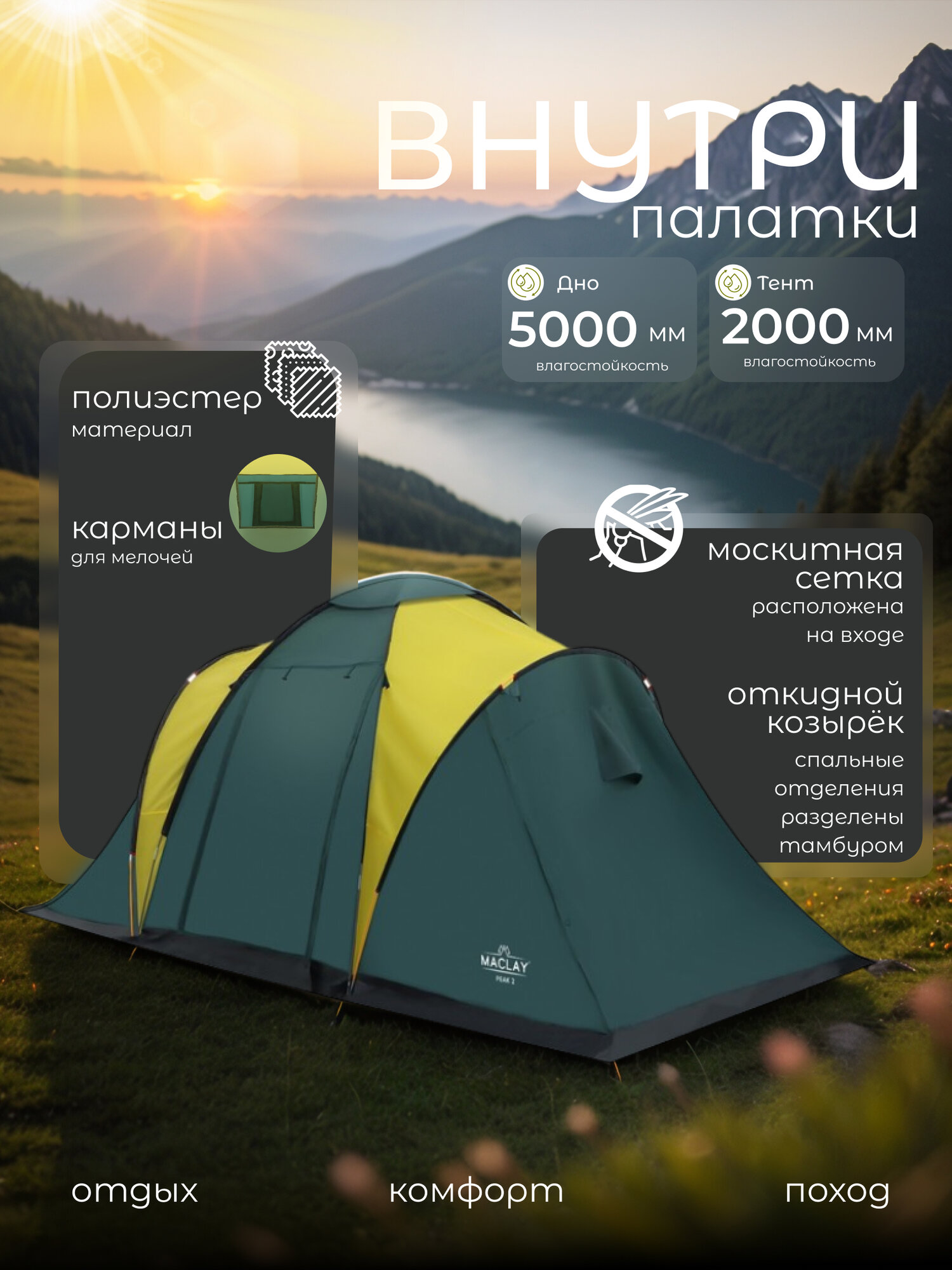 Палатка кемпинговая Massif 4, размер 450 х 210 х 190 см, 4 х местная — фото 1