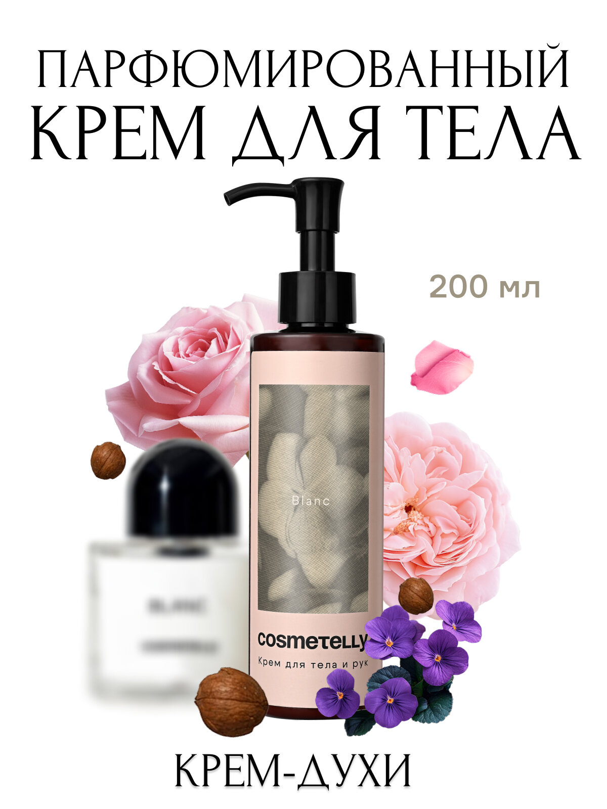 Cosmetelly крем для рук и тела парфюмированный с дозатором увлажняющий с ароматом чистоты Blanc, объём 200 мл