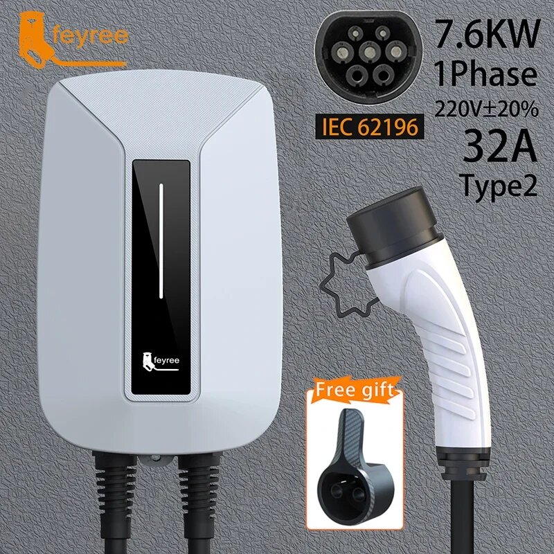 Feyree Зарядное устройство для электромобилей Type2 Разъем EVSE Wallbox 32A 7KW IEC62196-2 Разъем 1 фаза 5 м Кабель Настенная зарядная станция для электромобиля, type2 32A 7KW