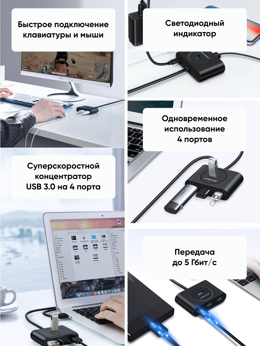 USB Хаб UGREEN CR113 (20291) USB 3.0 Hub. Длина 1 м. Цвет: черный — фото 1