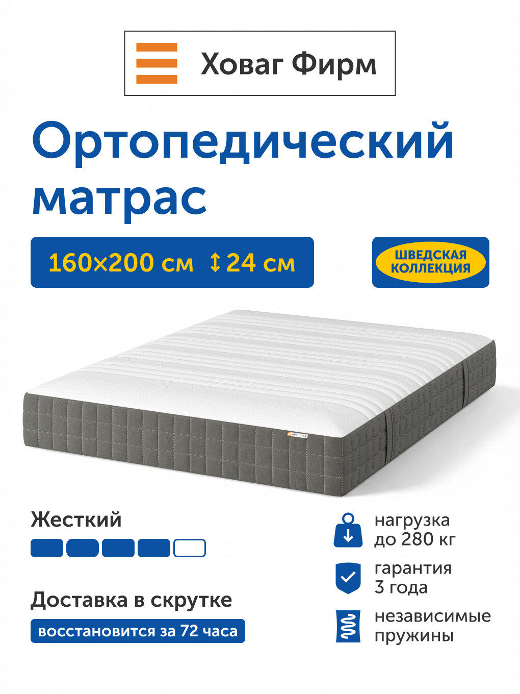 Ортопедический матрас IKEA/Икеа Ховаг Фирм жесткий, независимые пружины, 160х200 см