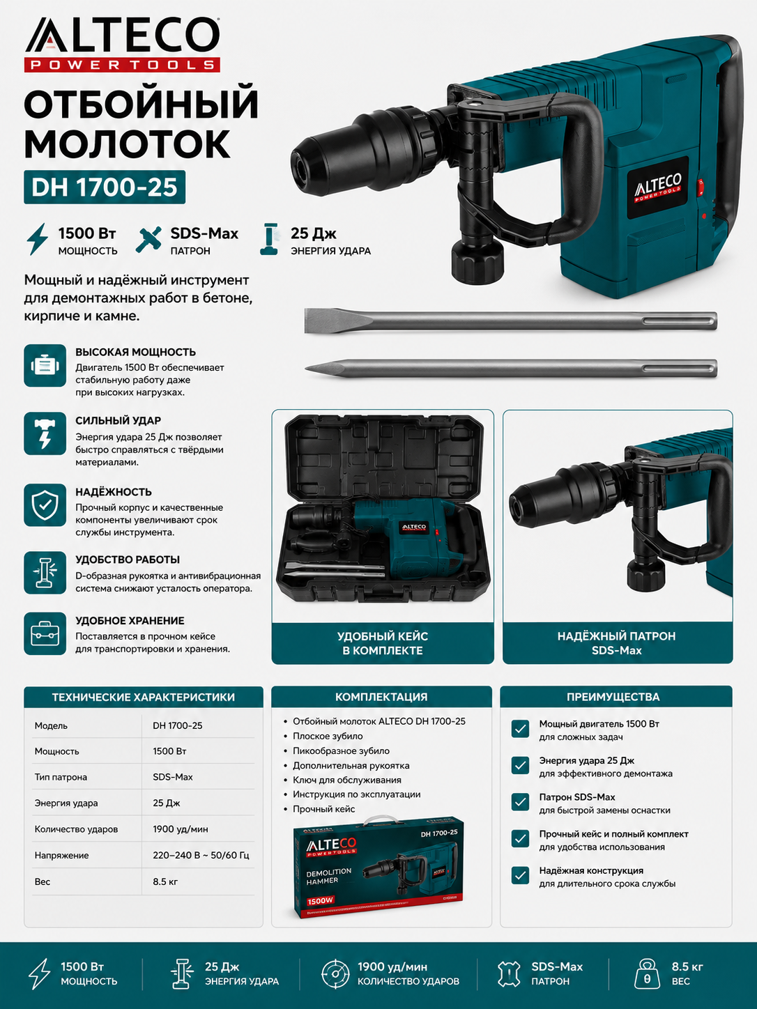 Отбойный молоток Alteco DH 1700-25, мощность 1500 Вт, SDS-Max