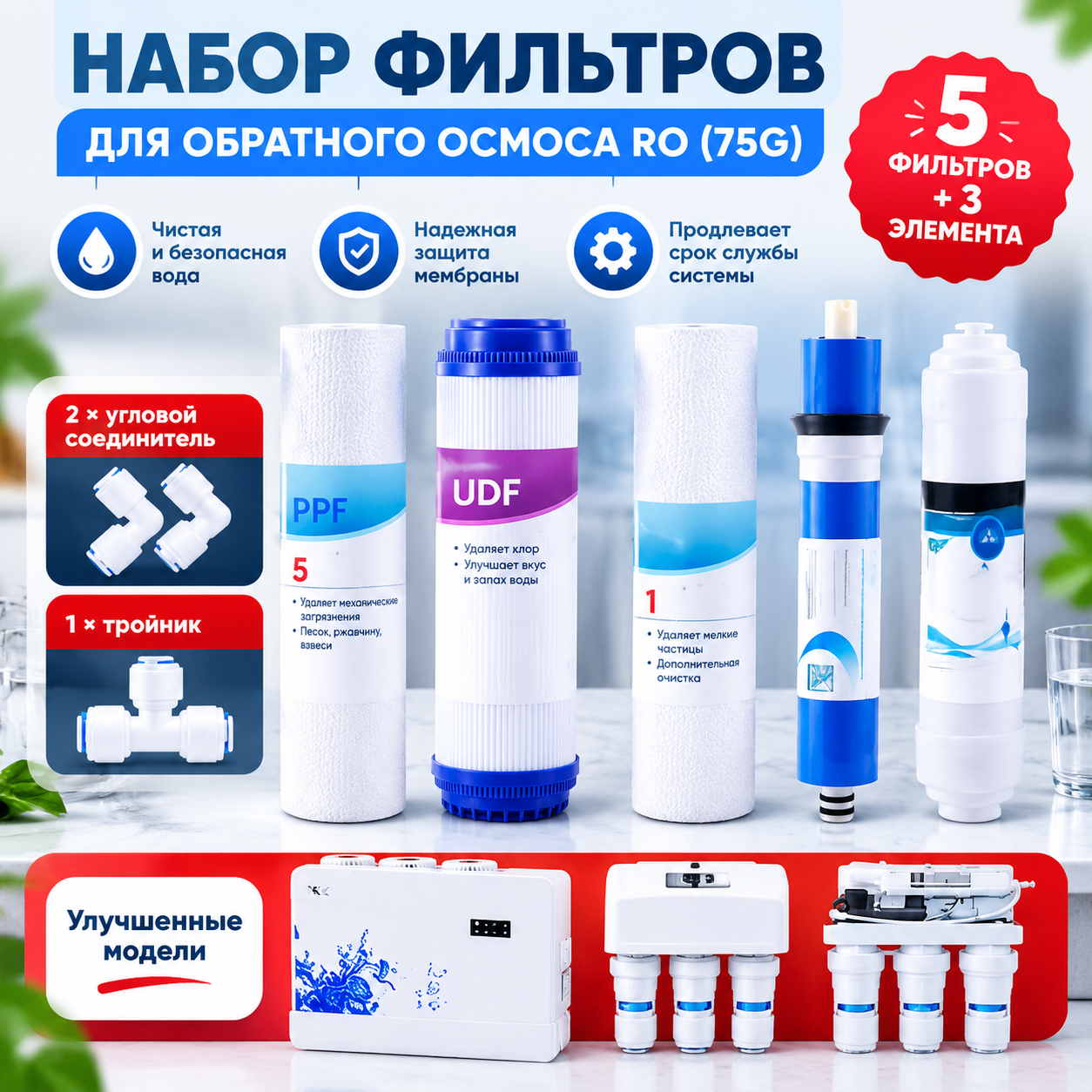 Комплект сменных картриджей 10 дюймов для обратного осмоса 5 ступеней SL10 1812-75G с мембраной, очистка воды