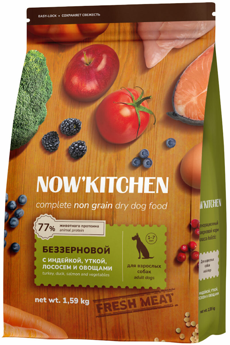NOW'KITCHEN беззерновой для взрослых собак всех пород с индейкой, уткой и лососем 1,59 кг