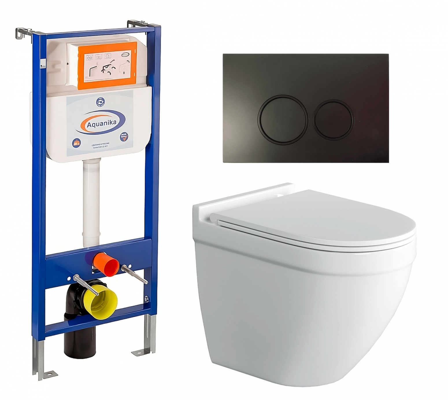 Комплект 3 в 1 инсталляция Enio Aquanika + Унитаз подвесной Owl 1975 Cirkel-H + кнопка черная матовая круглая