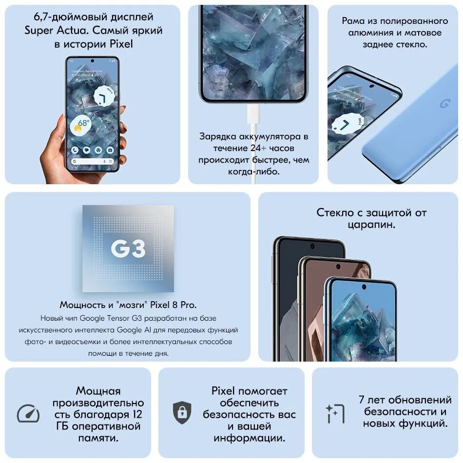 Google Смартфон Pixel 8 Pro 5G NFC 6,7 "120 Гц LED Полный дисплей 50 МП Тройная камера Google Tensor G3 12/128 ГБ — фото 1