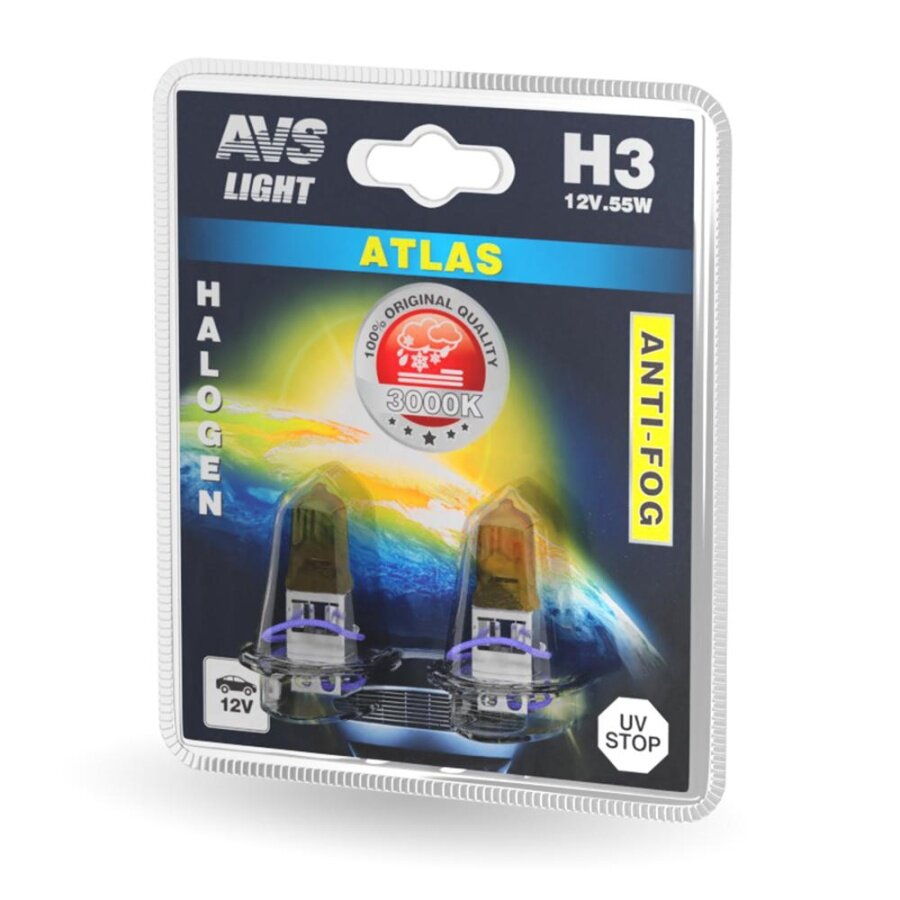 Лампа галогенная AVS ATLAS ANTI-FOG желтый H3 12V.55W блистер 2 шт.