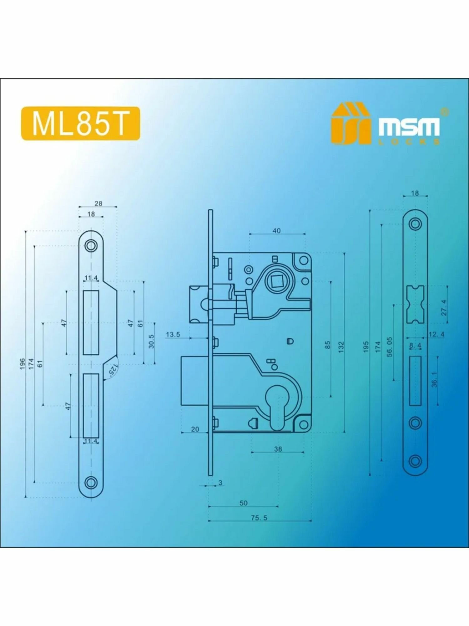Замок врезной (корпус) ML85T AB (цвет Бронза) MSM, цилиндровый — фото 1