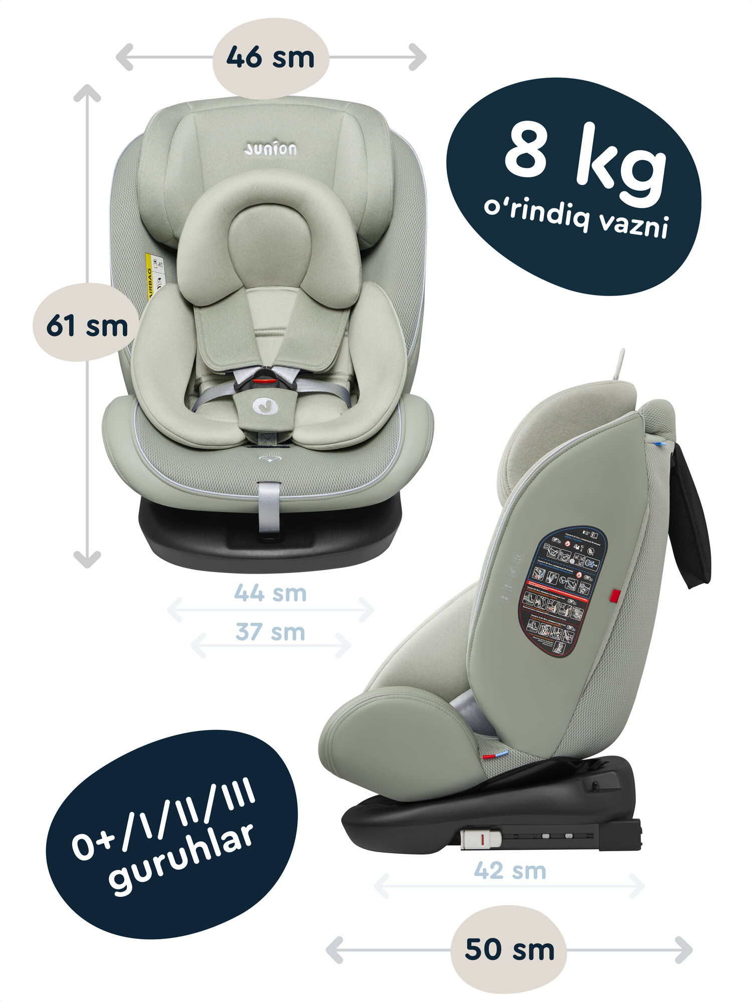 Автокресло JUNION Odri группа 0+/1/2/3 (0-36 кг), Isofix, оливка — фото 1