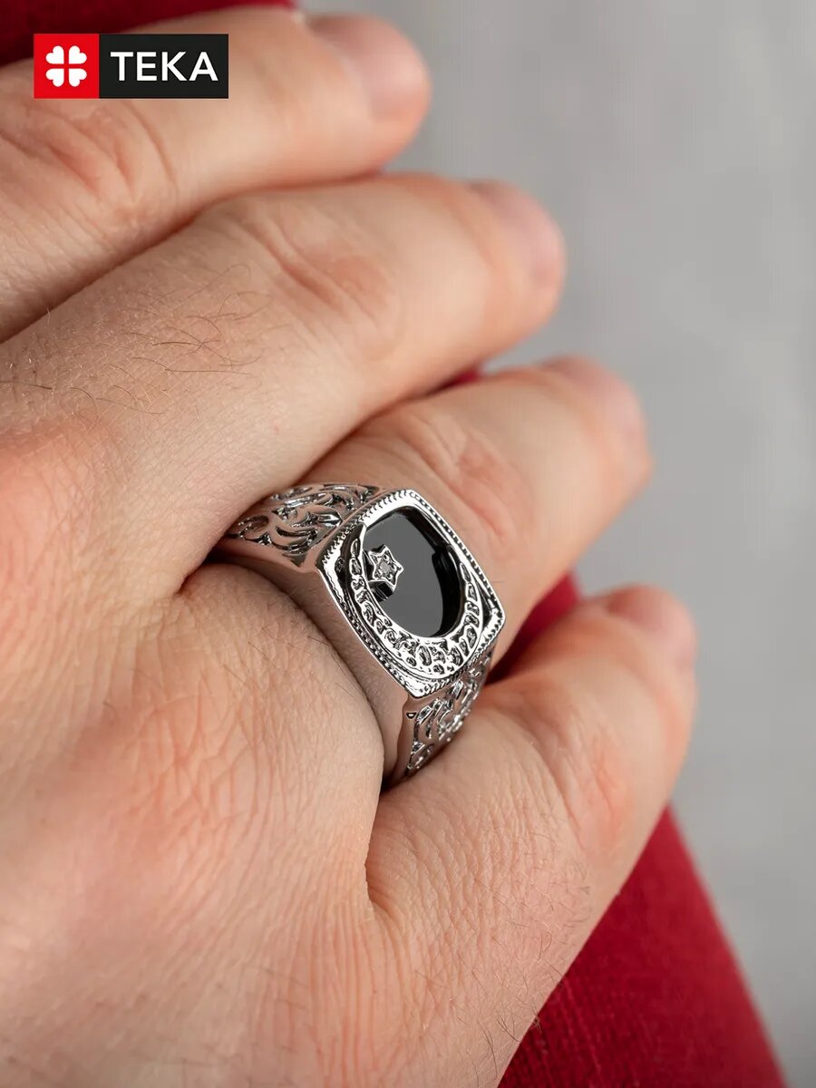 Печатка TEKA, эмаль, фианит, размер 18, серебряный, черный — фото 1