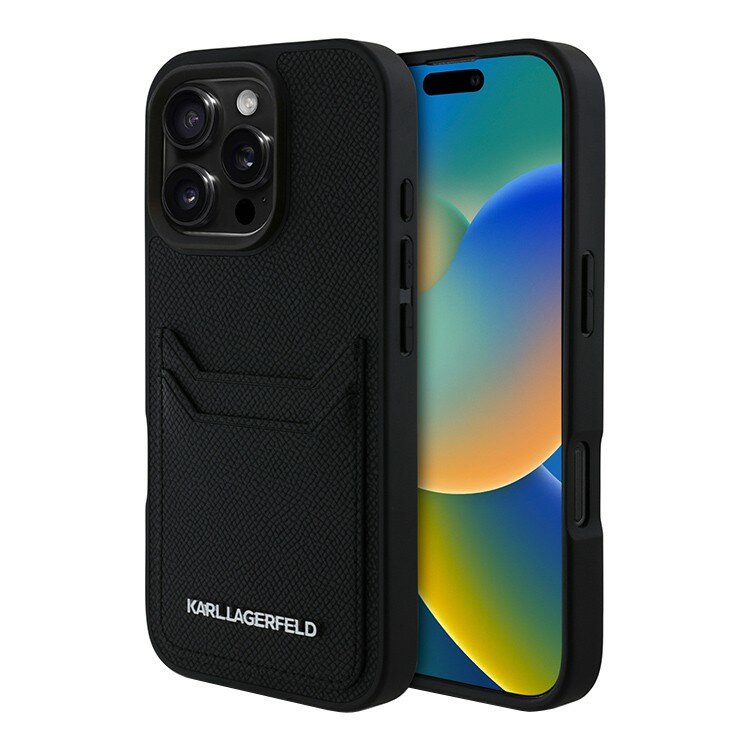 Karl Lagerfeld чехол с карманом для карт на iPhone 16 Pro Max, зернистая кожа PU металлическое лого, черный