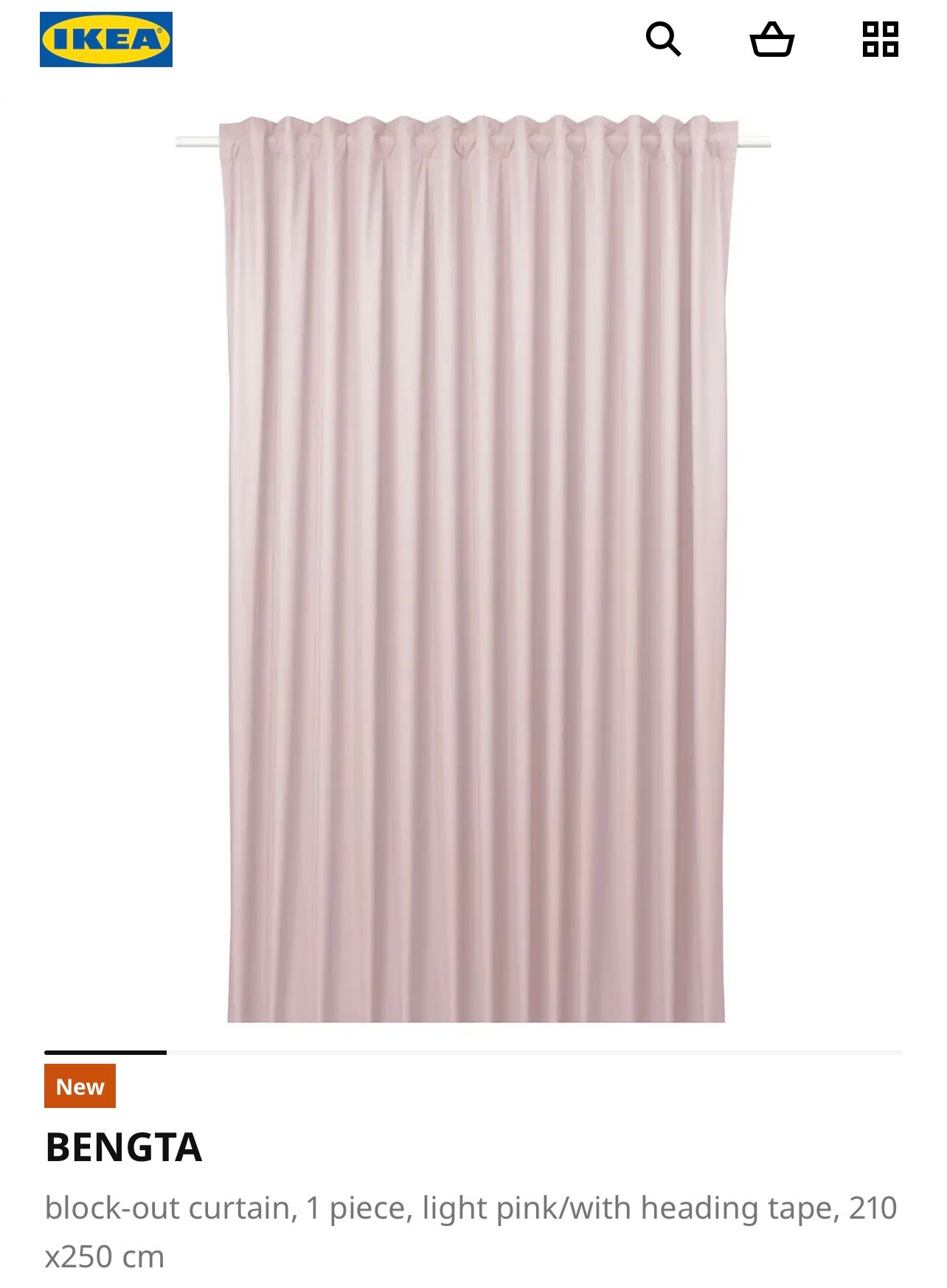 Штора block-out BENGTA IKEA , 1 шт, светло-розовый, со шторной лентой, 210x250 см