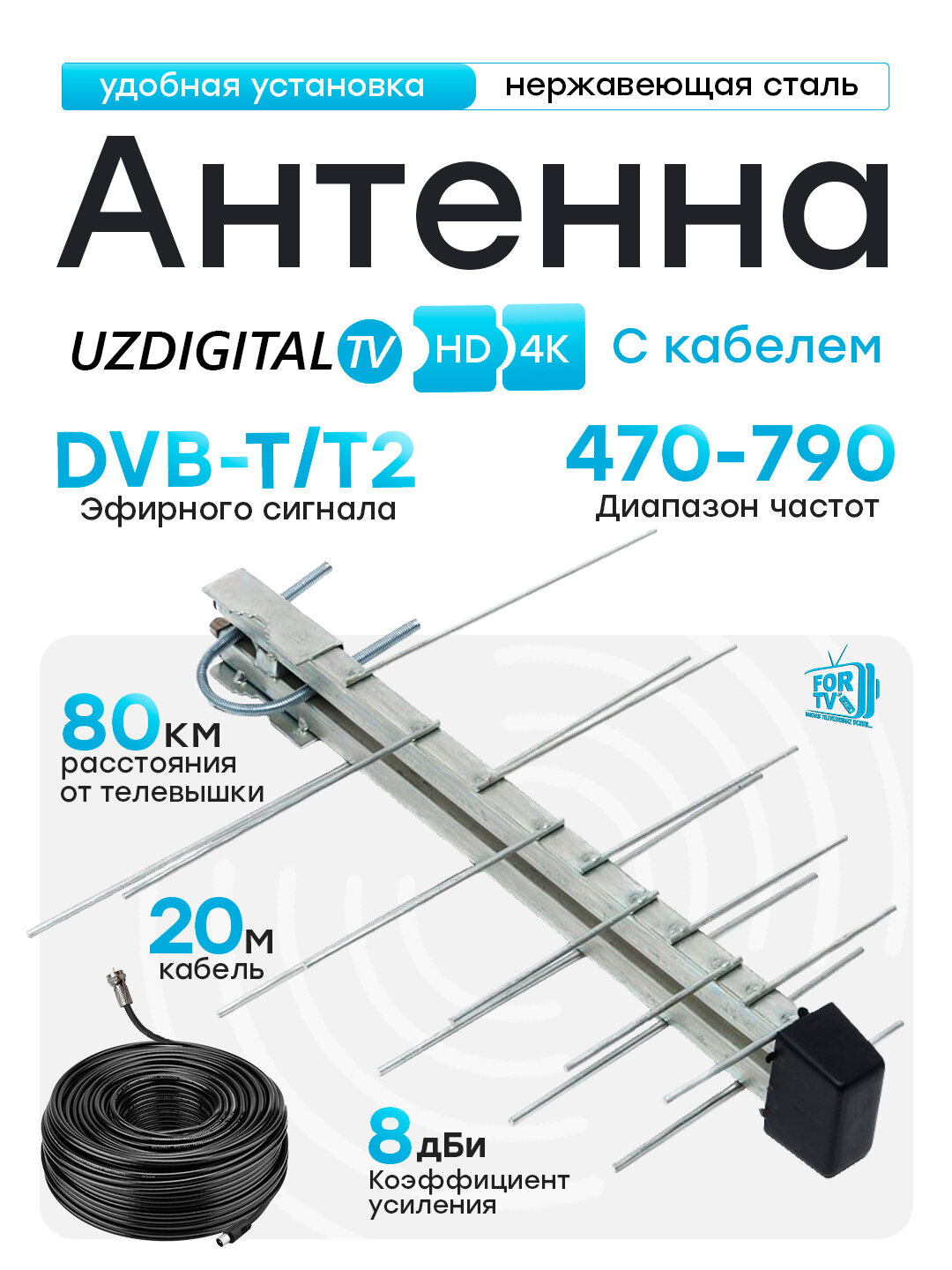 Антенна из нержавеющей стали, для цифрового телевидения +20м. кабель