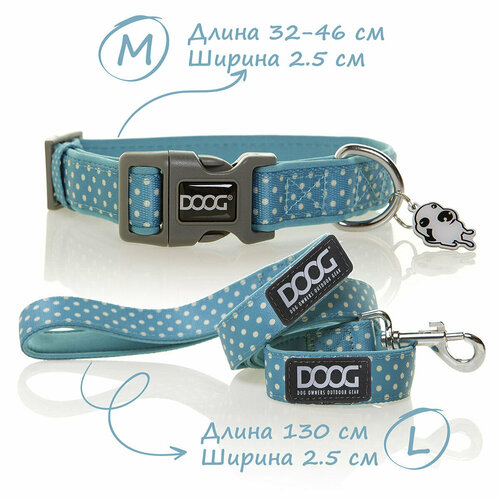 Ошейник и поводок для собак DOOG "Snoopy", голубой с белым, M, 32-46см/130х2.5см, комплект