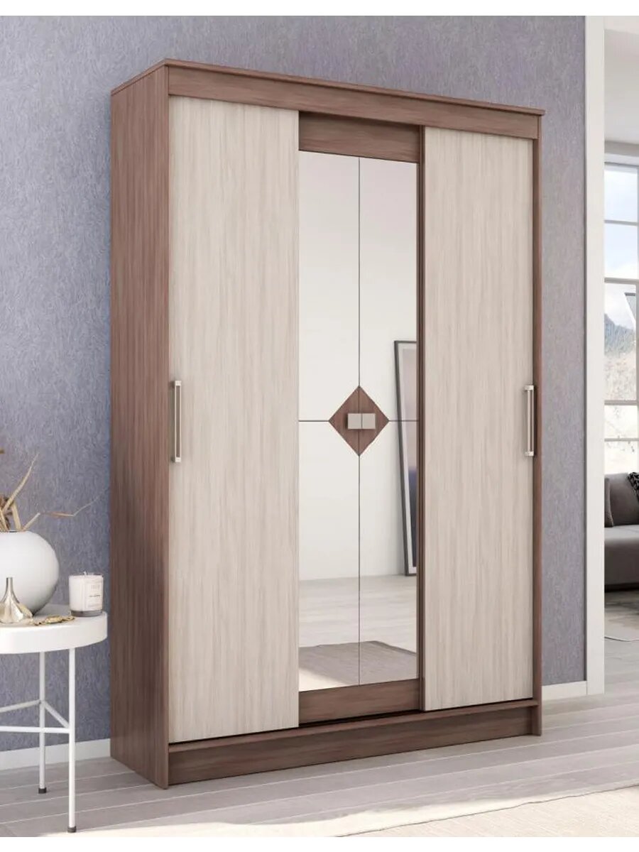 Шкаф-купе для одежды и хранения вещей Агат с зеркалом, 140х46.5х214 см, Ясень Шимо светлый / Ясень Шимо темный