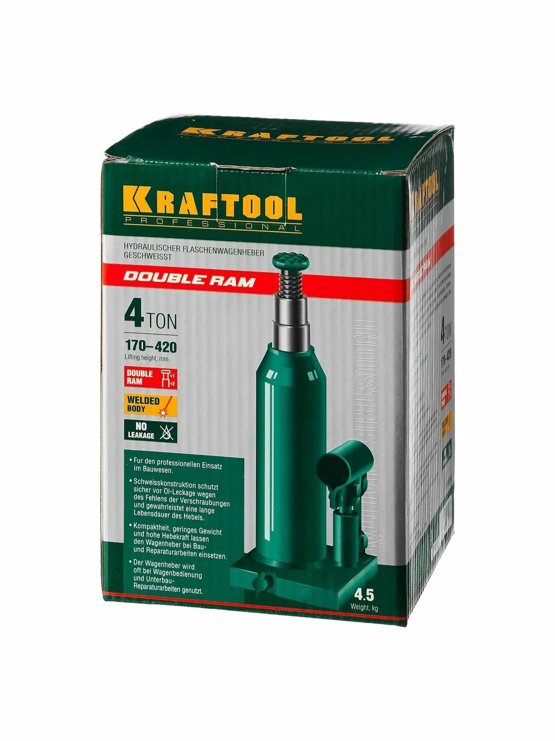 Двухштоковый бутылочный домкрат KRAFTOOL DOUBLE RAM, 4 т, 170 - 420 мм, с увеличенным подъемом — фото 1