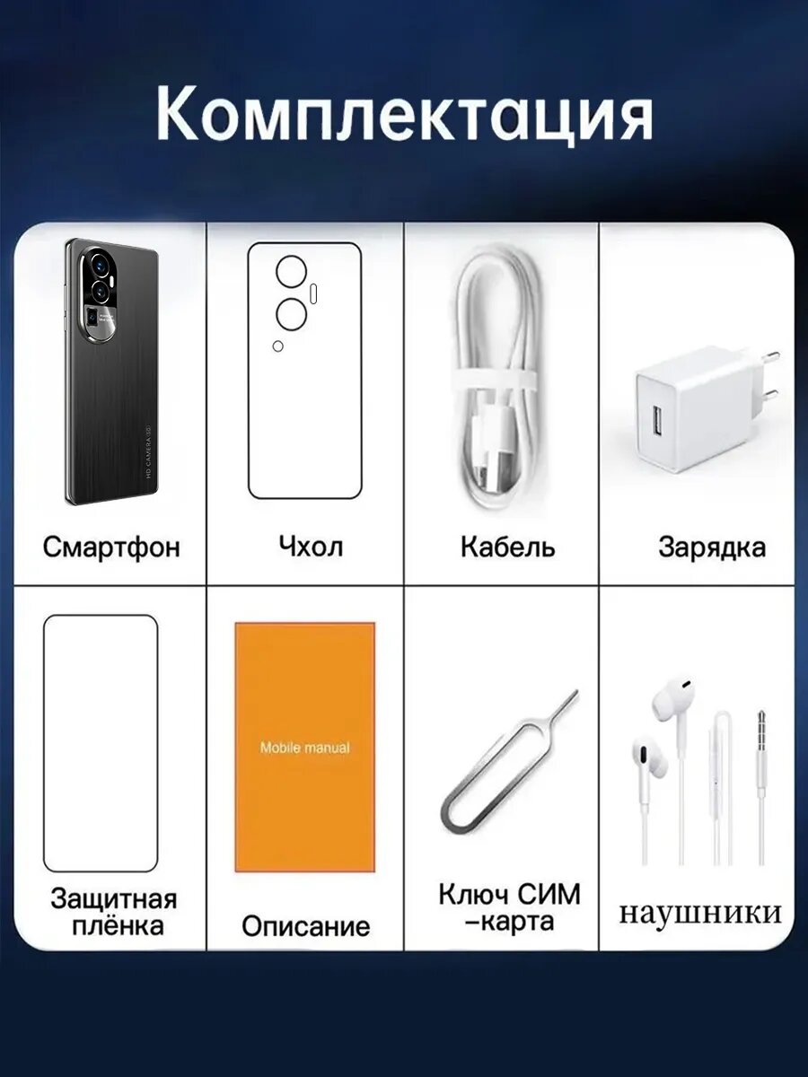 Геймерский Смартфон Reno10 Pro, -Android 13, 90Hz, 8 ядер, камера 50МП, 12ГБ/512ГБ ， 5G две SIM-Чёрный（+ наушники） — фото 1