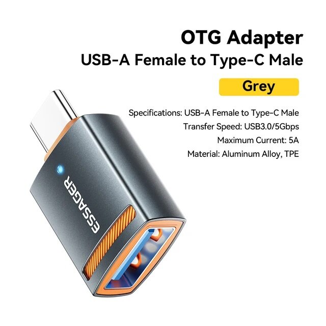 Переходник (адаптер) с USB 3.0 на Type-C, индикатор, 5 Ампер, 5 Гбит/с , OTG (On-the-Go) адаптер для подключения телефонов, планшетов, смартфонов к пк (Hunting Air series) — фото 1