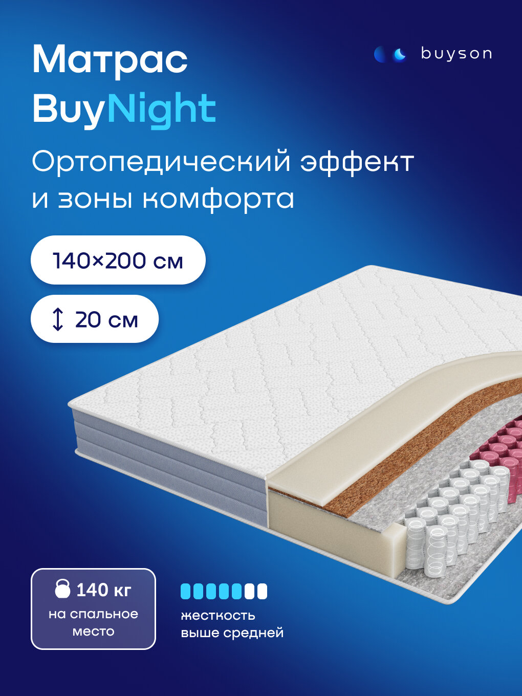 Матрас buyson BuyNight, 140х200 см, независимые пружины