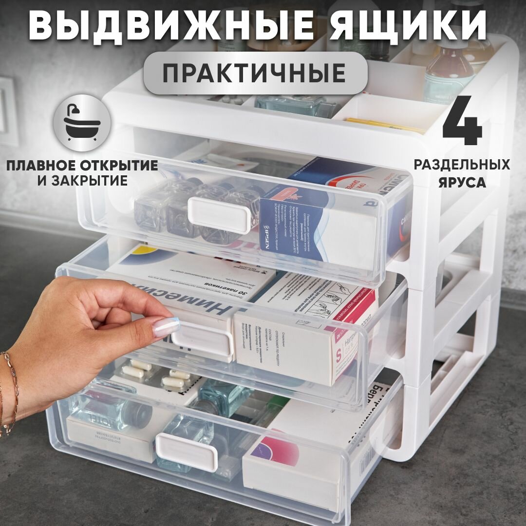 Картинки Органайзер для лекарств Oqqi, аптечка домашняя большая, контейнер пластик, белый, 19.8х27.5х29.5 см