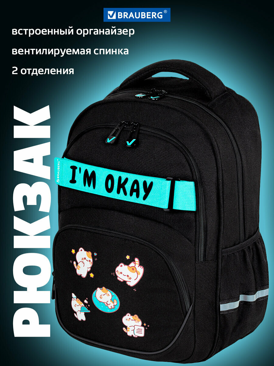 Рюкзак школьный для девочки ранец для подростка спортивный портфель детский в школу 2 отделения и 3 кармана 41х28х17 см Brauberg Motion 273114