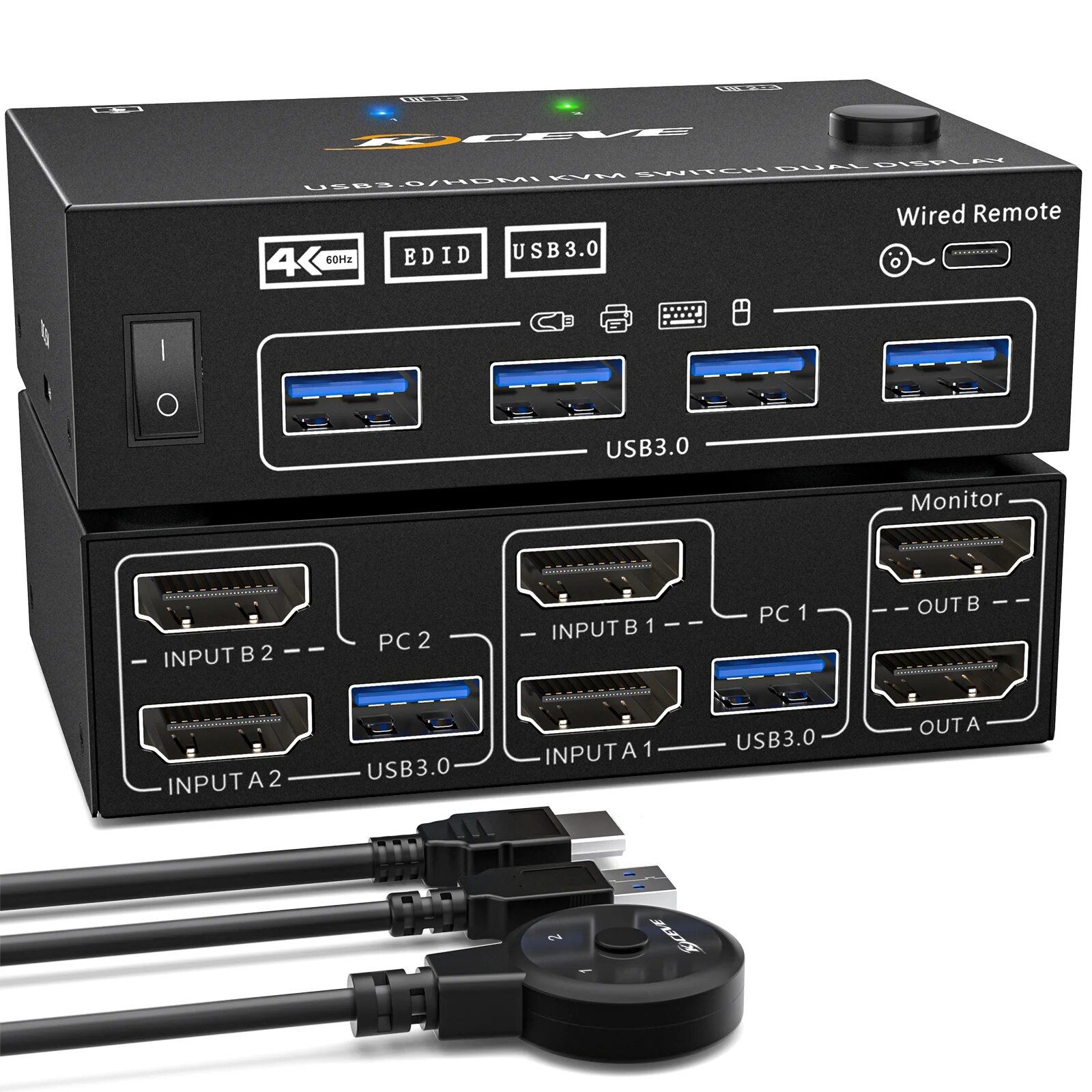 KCEVE KVM переключатель HDMI двойной монитор USB HDMI Расширенный дисплей переключатель для 2 компьютеров 2 монитора и 4 USB 3.0 порта с Simu, KVM-202AS