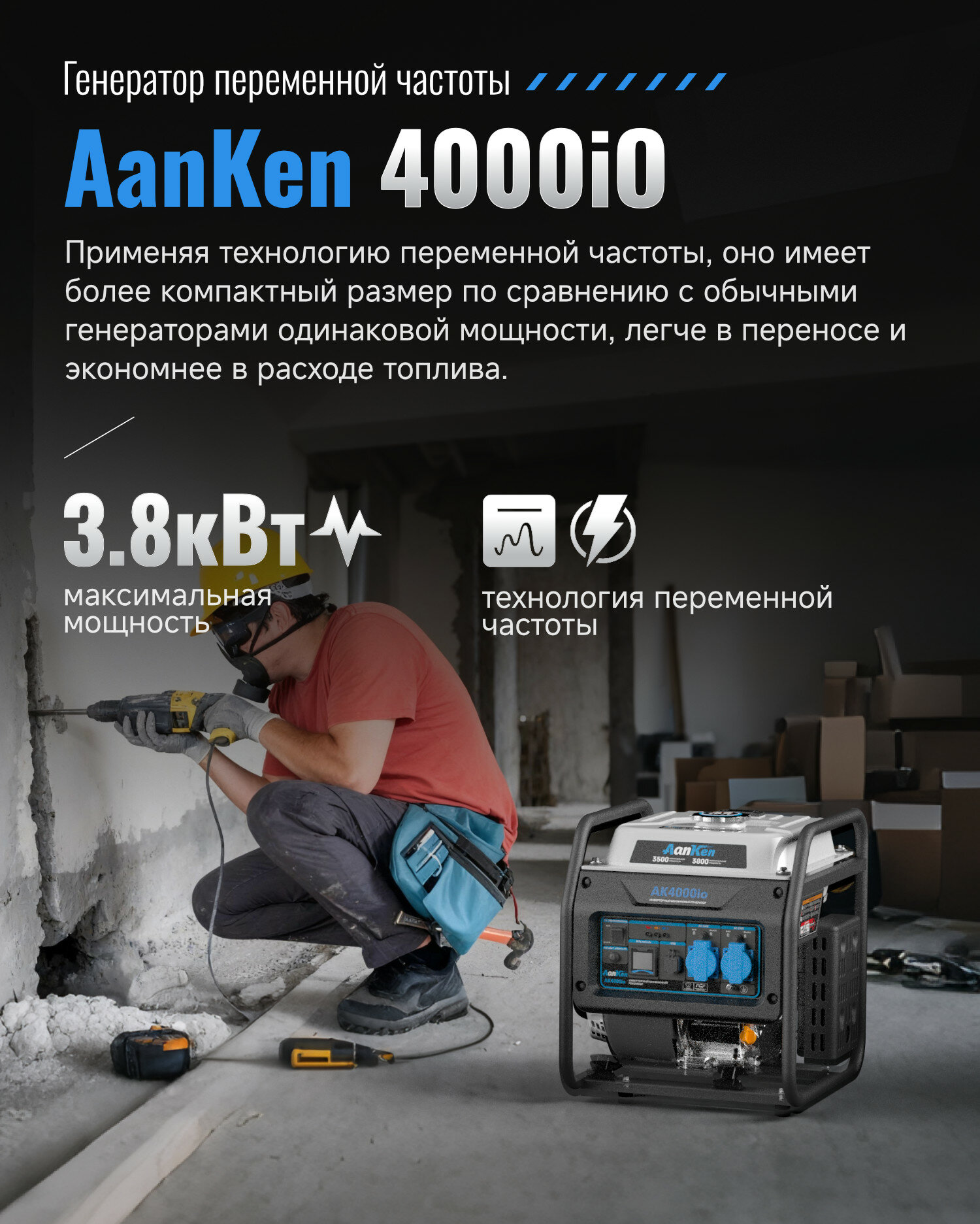 Генератор бензиновый инверторный 4 кВт AanKen AK4000io, 220В, тихий переносной электрогенератор для дома, дачи, кемпинга и рыбалки — фото 15