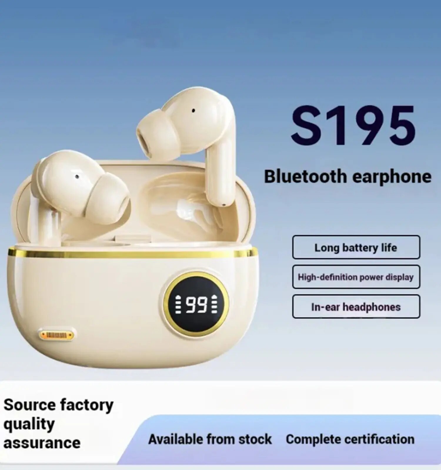 Наушники TWS S195 Pro, беспроводные, шумодав, Hi-FI, влагозащита, белые