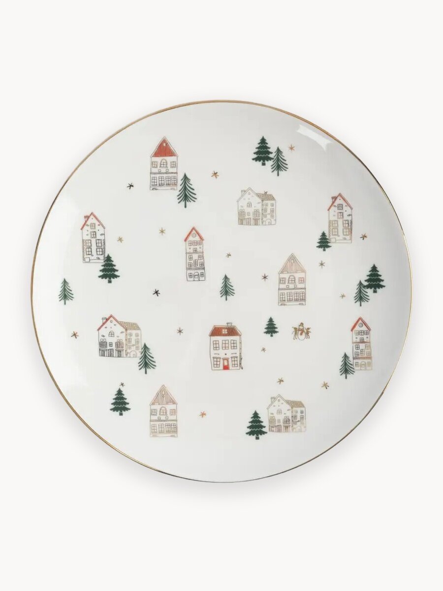 Тарелка обеденная, 27 см, фарфор N, бело-золотистая, Домики и ели, Townlet