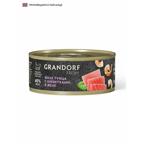 Влажный беззерновой корм для взрослых кошек Grandorf Fresh с филе тунца и креветками в желе, в консервах - 70 г х 6 шт