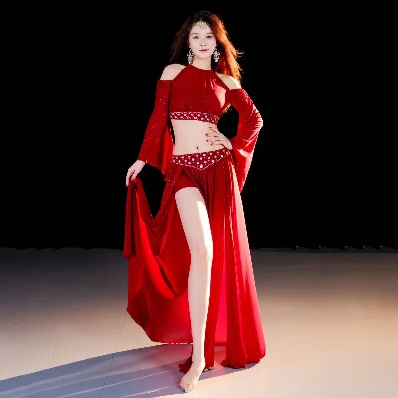 Танцевальный костюм для belly dance, сетчатый, полиэстер, NoEnName_Null, XL, Красный, Женский
