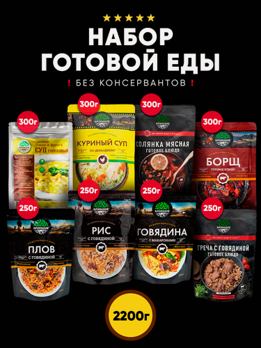 Изображение товара Набор из 8 готовых блюд Кронидов: Греча с говядиной/ Макароны с говядиной/ Рис с говядиной/ Плов с говядиной/ Суп гороховый/ Куриный суп по-домашнему/ Солянка/ Борщ. Готовая еда